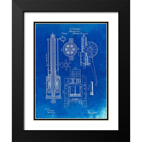 PP23-Faded Blueprint Gatling Gun Patent Poster Black Modern Wood Framed Art Print with Double Matting by Borders, Cole
