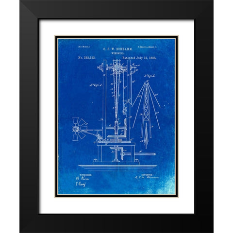 PP26-Faded Blueprint Windmill 1883 Patent Poster Black Modern Wood Framed Art Print with Double Matting by Borders, Cole
