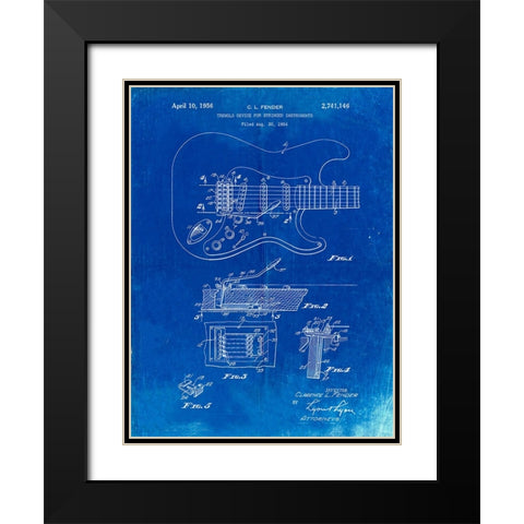 PP46-Faded Blueprint Fender Guitar Tremolo Poster Black Modern Wood Framed Art Print with Double Matting by Borders, Cole