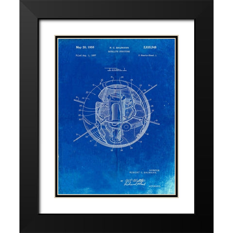 PP52-Faded Blueprint Earth Satellite Patent Poster Black Modern Wood Framed Art Print with Double Matting by Borders, Cole