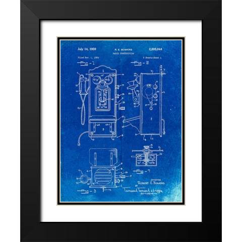PP65-Faded Blueprint Wall Phone Patent Poster Black Modern Wood Framed Art Print with Double Matting by Borders, Cole