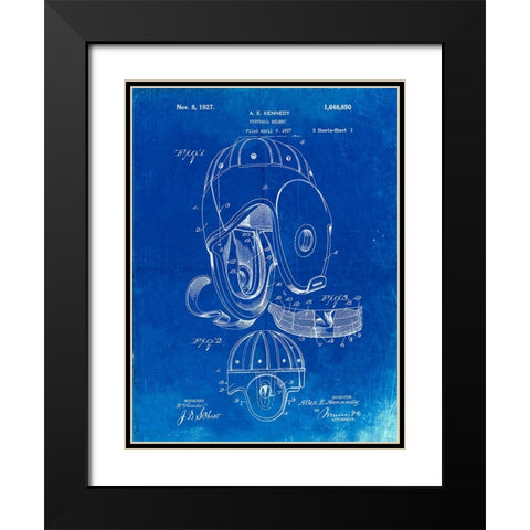 PP73-Faded Blueprint Football Leather Helmet 1927 Patent Poster Black Modern Wood Framed Art Print with Double Matting by Borders, Cole