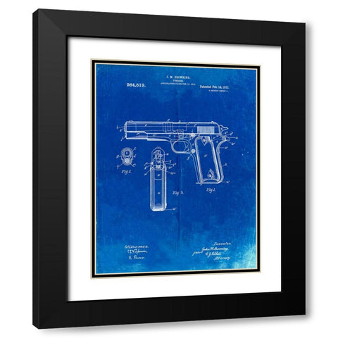 PP76-Faded Blueprint Colt 1911 Semi-Automatic Pistol Patent Poster Black Modern Wood Framed Art Print with Double Matting by Borders, Cole