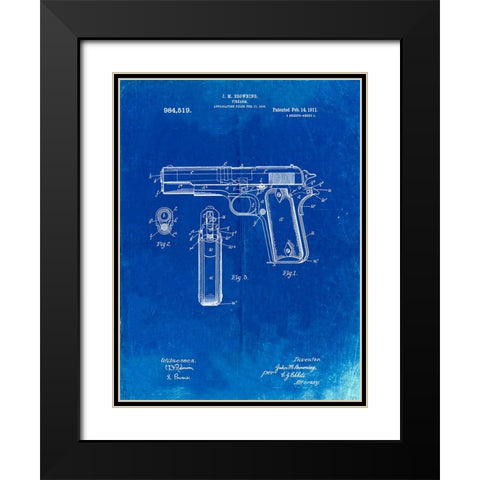 PP76-Faded Blueprint Colt 1911 Semi-Automatic Pistol Patent Poster Black Modern Wood Framed Art Print with Double Matting by Borders, Cole