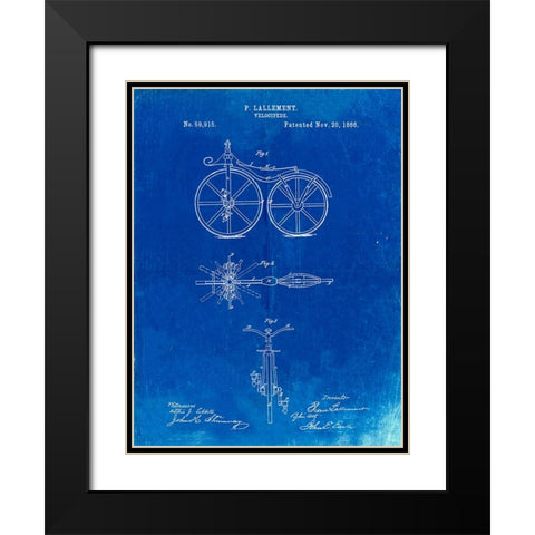 PP77-Faded Blueprint First Bicycle 1866 Patent Poster Black Modern Wood Framed Art Print with Double Matting by Borders, Cole