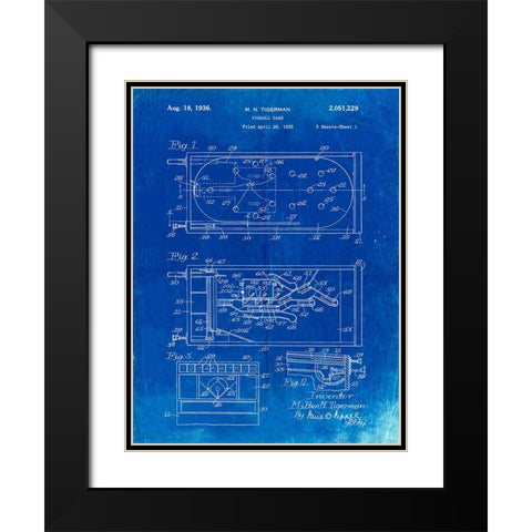 PP79-Faded Blueprint Pin Ball Machine Patent Poster Black Modern Wood Framed Art Print with Double Matting by Borders, Cole