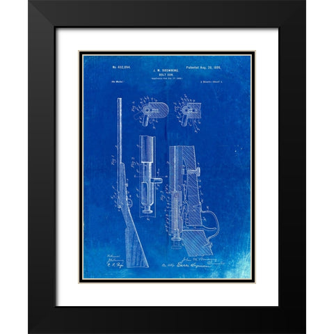 PP93-Faded Blueprint Browning Bolt Action Gun Patent Poster Black Modern Wood Framed Art Print with Double Matting by Borders, Cole