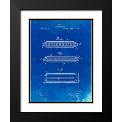 PP94-Faded Blueprint Hohner Harmonica Patent Poster Black Modern Wood Framed Art Print with Double Matting by Borders, Cole