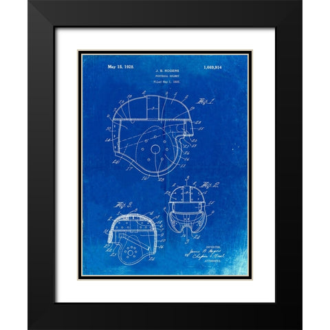 PP218-Faded Blueprint Football Helmet 1925 Patent Poster Black Modern Wood Framed Art Print with Double Matting by Borders, Cole