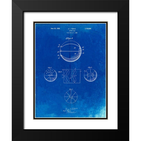 PP222-Faded Blueprint Basketball 1929 Game Ball Patent Poster Black Modern Wood Framed Art Print with Double Matting by Borders, Cole