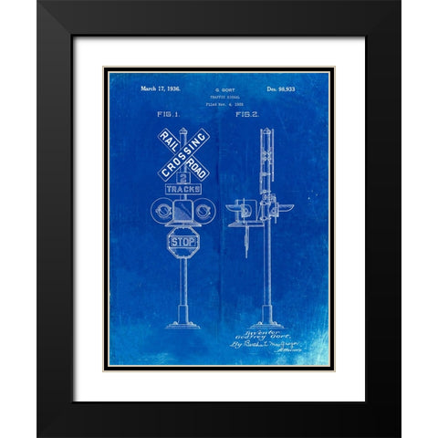 PP231-Faded Blueprint Railroad Crossing Signal Patent Poster Black Modern Wood Framed Art Print with Double Matting by Borders, Cole
