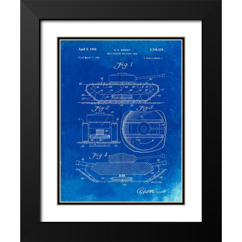 PP262-Faded Blueprint Military Self Digging Tank Patent Poster Black Modern Wood Framed Art Print with Double Matting by Borders, Cole