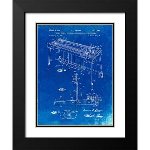 PP281-Faded Blueprint Fender Pedal Steel Guitar Patent Poster Black Modern Wood Framed Art Print with Double Matting by Borders, Cole