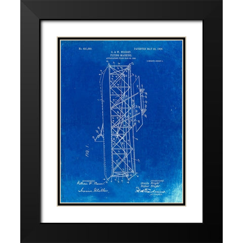 PP288-Faded Blueprint Wright Brothers Flying Machine Patent Poster Black Modern Wood Framed Art Print with Double Matting by Borders, Cole