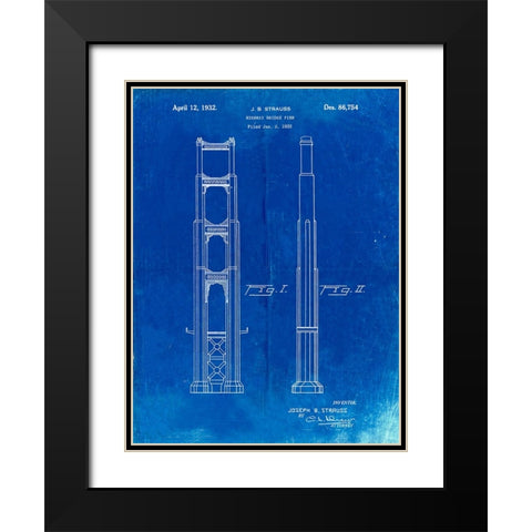 PP321-Faded Blueprint Golden Gate Bridge Main Tower Patent Poster Black Modern Wood Framed Art Print with Double Matting by Borders, Cole