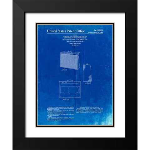 PP405-Faded Blueprint Fender 1962 Pro Amp Patent Poster Black Modern Wood Framed Art Print with Double Matting by Borders, Cole