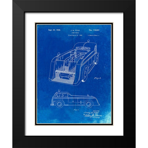 PP462-Faded Blueprint Firetruck 1939 Two Image Patent Poster Black Modern Wood Framed Art Print with Double Matting by Borders, Cole