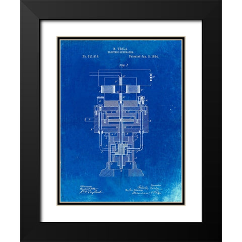 PP463-Faded Blueprint Tesla Electric Generator Poster Black Modern Wood Framed Art Print with Double Matting by Borders, Cole