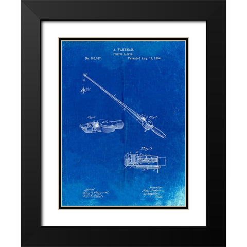 PP490-Faded Blueprint Fishing Rod and Reel 1884 Patent Poster Black Modern Wood Framed Art Print with Double Matting by Borders, Cole