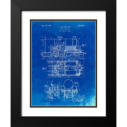 PP516-Faded Blueprint Steam Train Locomotive Patent Poster Black Modern Wood Framed Art Print with Double Matting by Borders, Cole