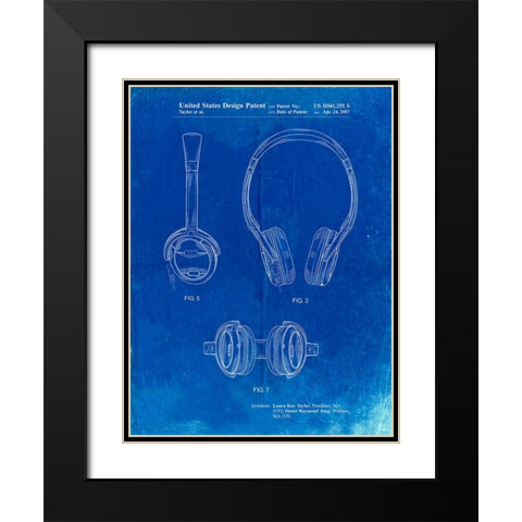 PP543-Faded Blueprint Noise Canceling Headphones Patent Poster Black Modern Wood Framed Art Print with Double Matting by Borders, Cole
