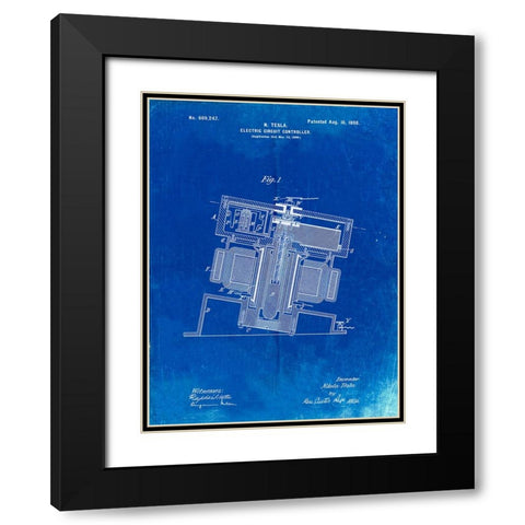 PP608-Faded Blueprint Tesla Electric Circuit Controller Poster Black Modern Wood Framed Art Print with Double Matting by Borders, Cole