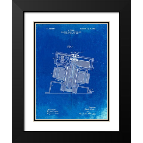 PP608-Faded Blueprint Tesla Electric Circuit Controller Poster Black Modern Wood Framed Art Print with Double Matting by Borders, Cole