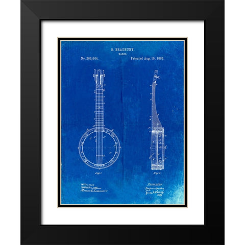 PP715-Faded Blueprint Banjo Mandolin Patent Poster Black Modern Wood Framed Art Print with Double Matting by Borders, Cole