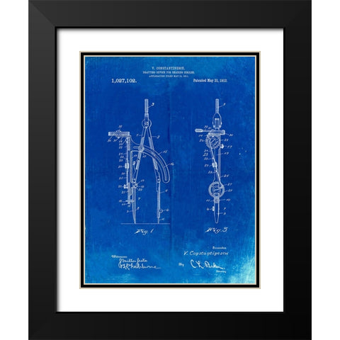 PP785-Faded Blueprint Drafting Compass 1912 Patent Poster Black Modern Wood Framed Art Print with Double Matting by Borders, Cole