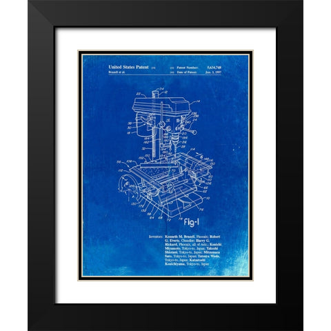 PP788-Faded Blueprint Drill Press Patent Poster Black Modern Wood Framed Art Print with Double Matting by Borders, Cole