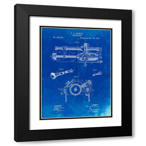 PP798-Faded Blueprint Edison Phonograph Patent Poster Black Modern Wood Framed Art Print with Double Matting by Borders, Cole