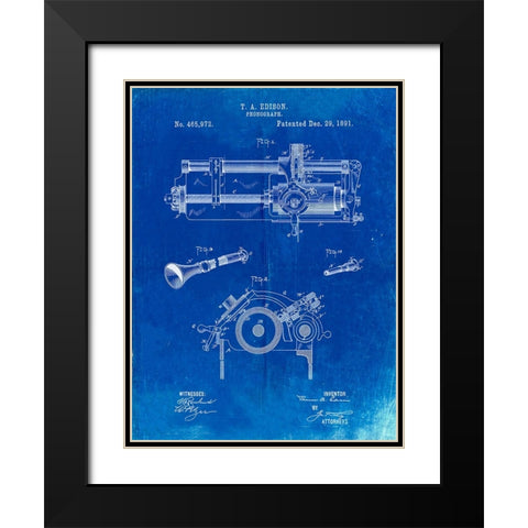 PP798-Faded Blueprint Edison Phonograph Patent Poster Black Modern Wood Framed Art Print with Double Matting by Borders, Cole