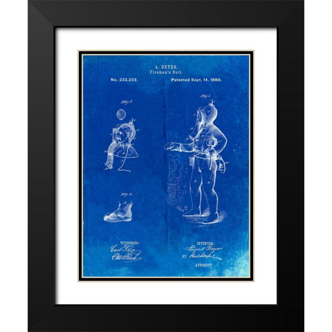 PP811-Faded Blueprint Firefighter Suit 1880 Patent Poster Black Modern Wood Framed Art Print with Double Matting by Borders, Cole