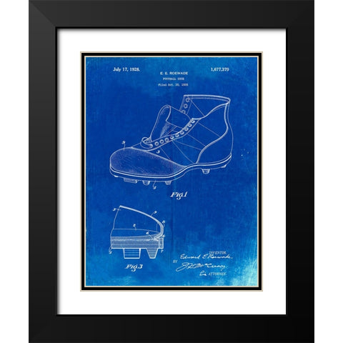 PP823-Faded Blueprint Football Cleat 1928 Patent Poster Black Modern Wood Framed Art Print with Double Matting by Borders, Cole