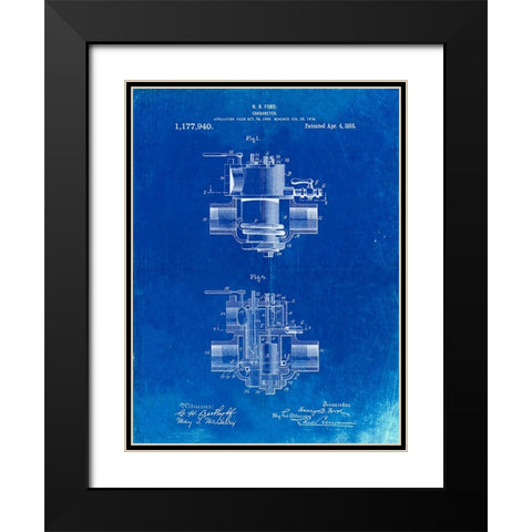 PP835-Faded Blueprint Ford Carburetor 1916 Patent Poster Black Modern Wood Framed Art Print with Double Matting by Borders, Cole