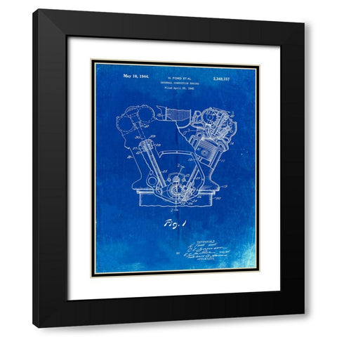 PP844-Faded Blueprint Ford Internal Combustion Engine Poster Black Modern Wood Framed Art Print with Double Matting by Borders, Cole