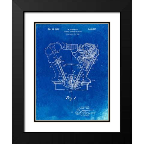 PP844-Faded Blueprint Ford Internal Combustion Engine Poster Black Modern Wood Framed Art Print with Double Matting by Borders, Cole