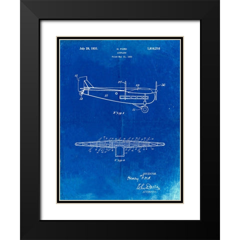 PP849-Faded Blueprint Ford Tri-Motor Airplane "The Tin Goose" Patent Poster Black Modern Wood Framed Art Print with Double Matting by Borders, Cole