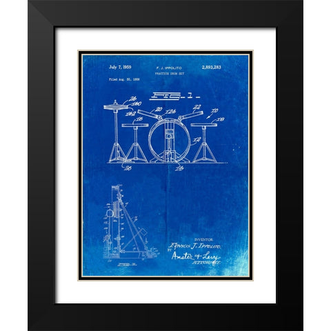 PP852-Faded Blueprint Frank Ippolito Practice Drum Set Patent Poster Black Modern Wood Framed Art Print with Double Matting by Borders, Cole