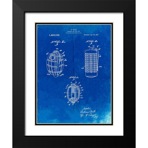 PP866-Faded Blueprint Hand Grenade 1915 Patent Poster Black Modern Wood Framed Art Print with Double Matting by Borders, Cole