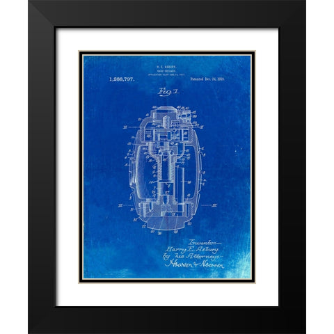 PP868-Faded Blueprint Hand Grenade World War 1 Patent Poster Black Modern Wood Framed Art Print with Double Matting by Borders, Cole