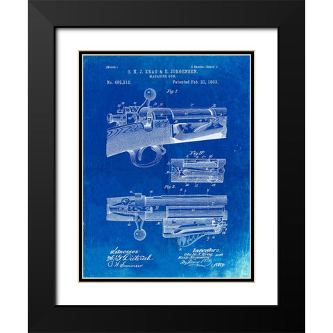 PP913-Faded Blueprint Krag JÃƒrgensen Repeating Rifle Patent Print Black Modern Wood Framed Art Print with Double Matting by Borders, Cole