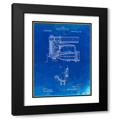 PP960-Faded Blueprint Model T Engine and Radiator Assembly Black Modern Wood Framed Art Print with Double Matting by Borders, Cole