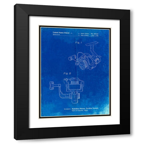 PP973-Faded Blueprint Open Face Spinning Fishing Reel Patent Poster Black Modern Wood Framed Art Print with Double Matting by Borders, Cole