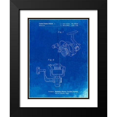 PP973-Faded Blueprint Open Face Spinning Fishing Reel Patent Poster Black Modern Wood Framed Art Print with Double Matting by Borders, Cole