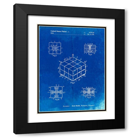 PP1022-Faded Blueprint Rubiks Cube Patent Poster Black Modern Wood Framed Art Print with Double Matting by Borders, Cole
