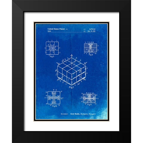 PP1022-Faded Blueprint Rubiks Cube Patent Poster Black Modern Wood Framed Art Print with Double Matting by Borders, Cole