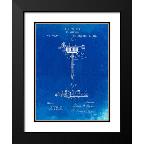 PP1065-Faded Blueprint Stencil Pen Patent Art Black Modern Wood Framed Art Print with Double Matting by Borders, Cole