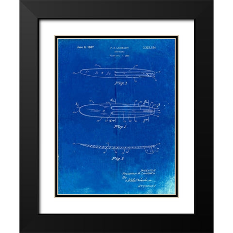 PP1073-Faded Blueprint Surfboard 1965 Patent Poster Black Modern Wood Framed Art Print with Double Matting by Borders, Cole
