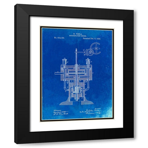 PP1094-Faded Blueprint Tesla Reciprocating Engine Poster Black Modern Wood Framed Art Print with Double Matting by Borders, Cole